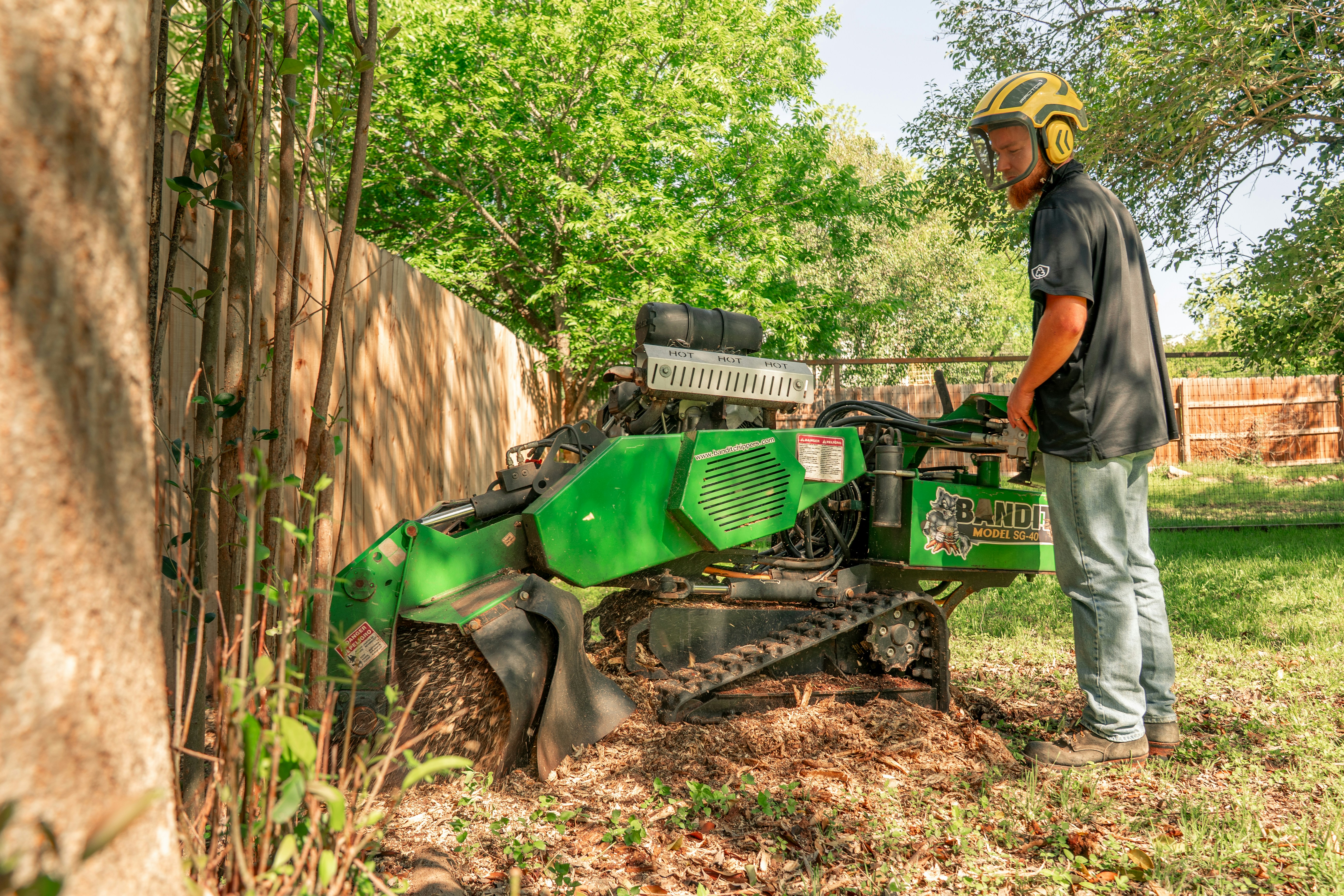 Worker operating a stump grinder
